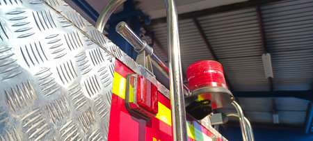 Close up of fire truck parked at shelter
