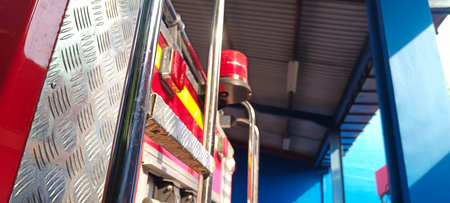 Close up of fire truck parked at shelter