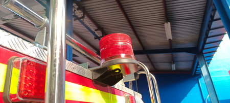 Close up of fire truck parked at shelter