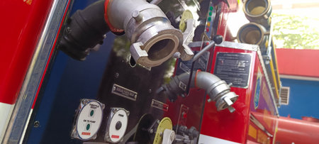 Close up of fire truck parked at shelter