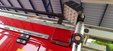 Close up of fire truck parked at shelter