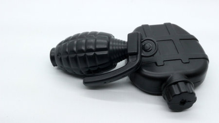 Black grenade toy isolated on white backgroundの写真素材