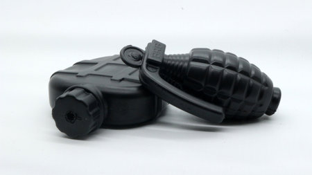 Black grenade toy isolated on white backgroundの写真素材