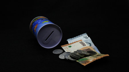 Piggy bank with scattered coins and bills on black backgroundの写真素材