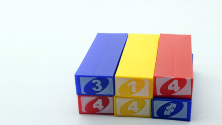 Colorful stack of blocks on a white backgroundの写真素材