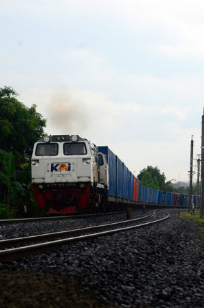 View of a train as public transportation passing along the rail line