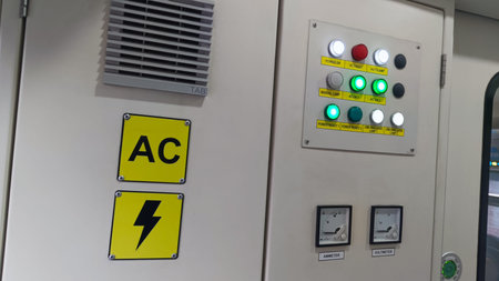 Industrial electrical panel with buttons and warning symbols for safety on trains