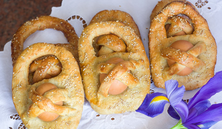 Traditional Sicilian Easter cookies with eggs named cuddure, beautiful Italian donuts for festivity