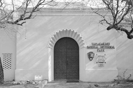 The entrance to Tumacacori National Historical Park is part of the museum on the site.  It was built in 1937 and houses several displays relating to the three missions included in the park.のeditorial素材