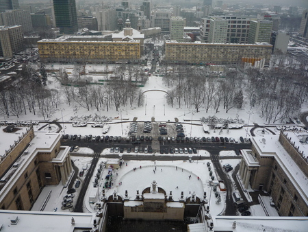 Poland, Warsaw, 21 February 2013 - high angle view to the north of Swietokrzyska Street and Swietokrzyski Park and ice skating rink from the Palace of Culture and Science in winterのeditorial素材