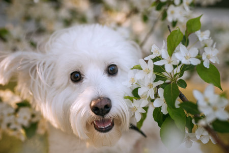 Portrait of west highland white terrier in the flowers of an apple treeの写真素材