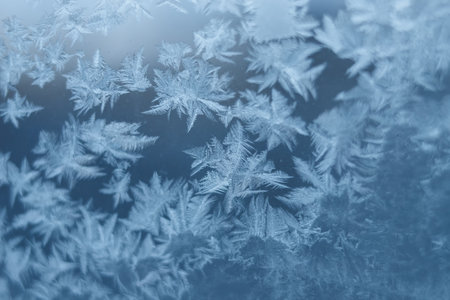 ice flowers. window frost. winter time background. Frozen icy texture Patterns on a frozen window....