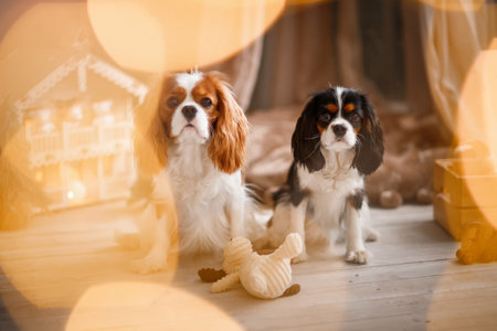 Two spaniels, surrounded by New Year's decorations and gifts, are playing and enjoying Christmas and New Year. Christmas with a pet.の写真素材