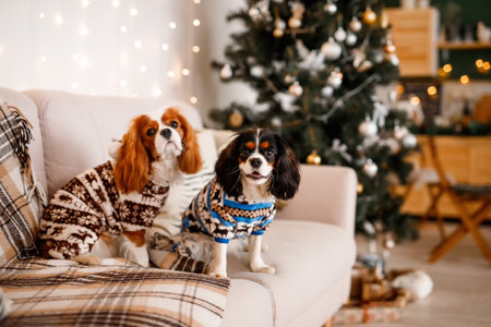Two spaniels, surrounded by New Year's decorations and gifts, are playing and enjoying Christmas and New Year. Christmas with a pet.の写真素材