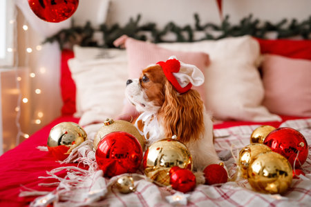 Cavalier King Charles Spaniel is lying on the sofa with New Year decorations for the Christmas tree. Dog with Christmas balls.の写真素材