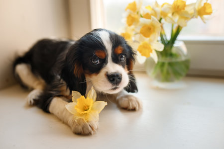 Cavalier King Charles Spaniel puppy with daffodilsの写真素材