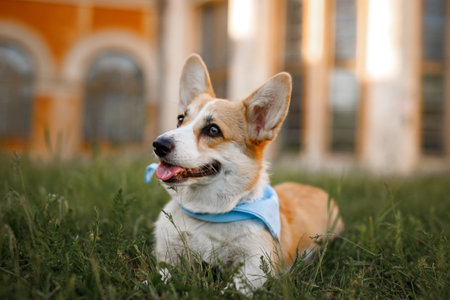 Cute welsh corgi pembroke dog lying on the grassの写真素材