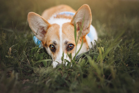 Welsh corgi dog lies in the grass and looks at the camera.
