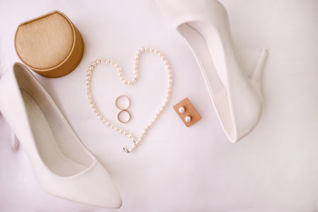 Wedding accessories on a white background. Wedding shoes, rings and earringsの写真素材