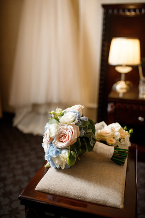 Wedding bouquet on the bedside table in the roomの写真素材