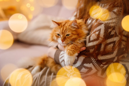 Young woman with cute ginger cat at home. bokeh effectの写真素材