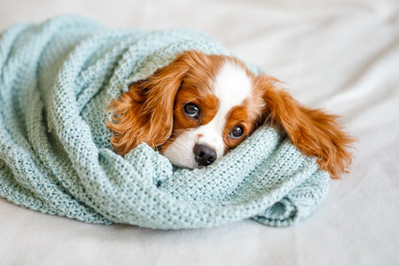Cavalier King Charles Spaniel dog wrapped in a warm blanketの写真素材