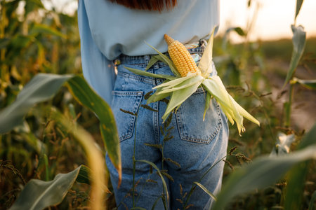 Rear view of a young woman holding a corn cob in the fieldの写真素材