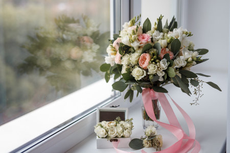 wedding bouquet of white and pink roses on the windowsillの写真素材