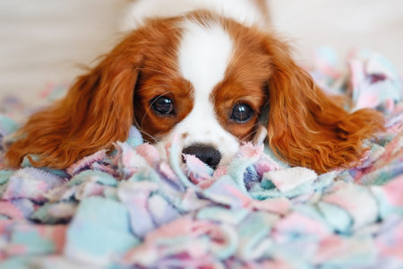 Cavalier king charles spaniel puppy lying on a blanketの写真素材