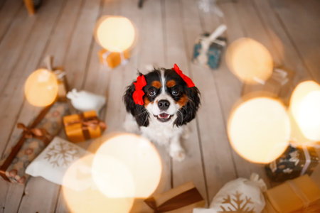 Cute Cavalier King Charles Spaniel with Christmas gifts and lightsの写真素材
