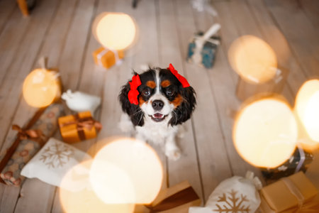 Cavalier King Charles Spaniel with Christmas gifts in the roomの写真素材