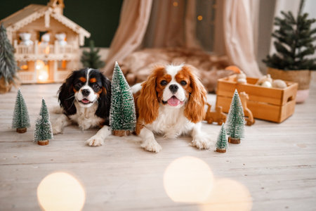 Cavalier King Charles Spaniel and Cavalier King Charles Spaniel with Christmas tree.