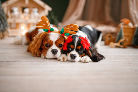 Cavalier king charles spaniel and cavalier king charles spaniel in Christmas decorationsの写真素材