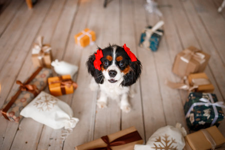 Cute cavalier king charles spaniel puppy with Christmas giftsの写真素材