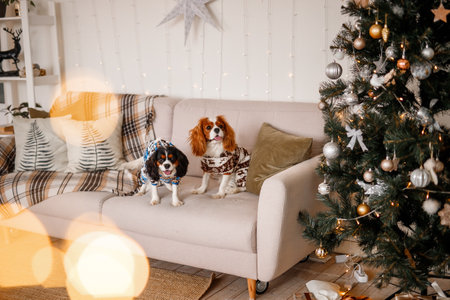 Cavalier King Charles Spaniel and Cavalier King Charles Spaniel sitting on a sofa near the Christmas treeの写真素材