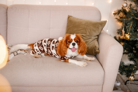 Cavalier king charles spaniel dog in a warm sweater on a beige sofa against the background of a Christmas tree.の写真素材