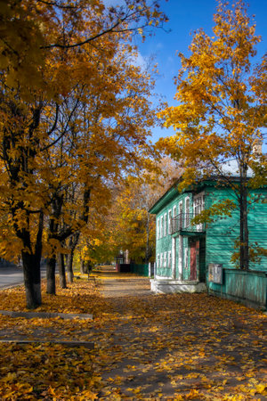 Autumn landscape with yellowed trees and old house in the villageの写真素材