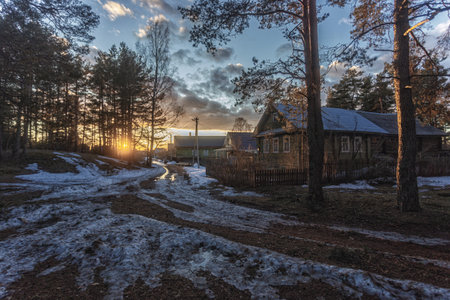 Sunset in the village in the winter. Russia, Kareliaの写真素材