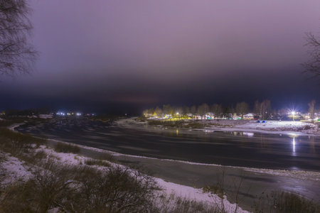Winter night on the Volga river in Novosibirskの写真素材