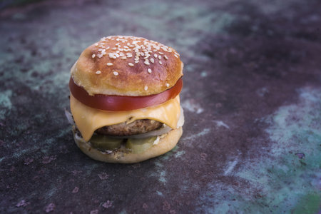Close up of a hamburger with cheese and tomato on a rustic backgroundの写真素材