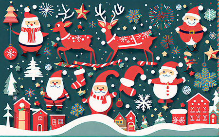 Christmas background with Santa Claus, reindeer and snowflakes. Vector illustration.の素材