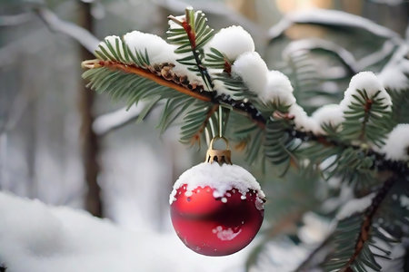 Christmas ball on a spruce branch in the snow. Christmas backgroundの素材