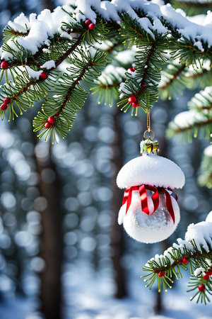 Christmas decoration on the fir tree in winter forest. Christmas background.の素材