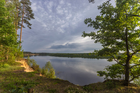 Beautiful summer landscape with lake, forest and sky with clouds.