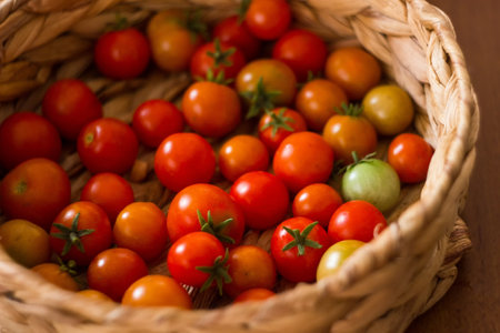 Cherry tomatoes in a wicker basket on a wooden background.の写真素材