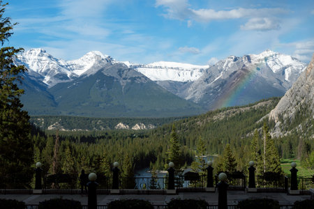 Mountains in Banff National Park, Alberta, Canada with rainbowの写真素材