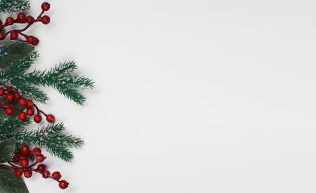 Christmas card, white background. On the right is a border of pine needles and red berries. Copy space.の写真素材