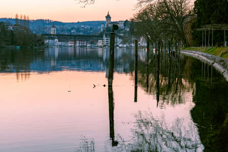Medieval city of Schaffhausen, Munot fortress and Rhine riverの写真素材