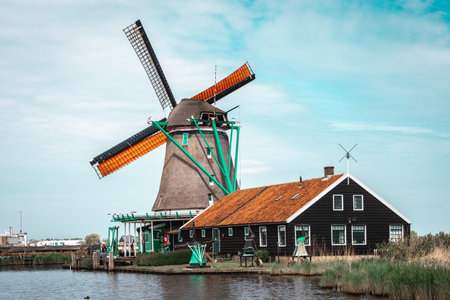 Windmills in Zaanse Schans Outdoor museum, Netherlandsのeditorial素材