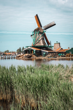 Windmills in Zaanse Schans Outdoor museum, Netherlandsのeditorial素材